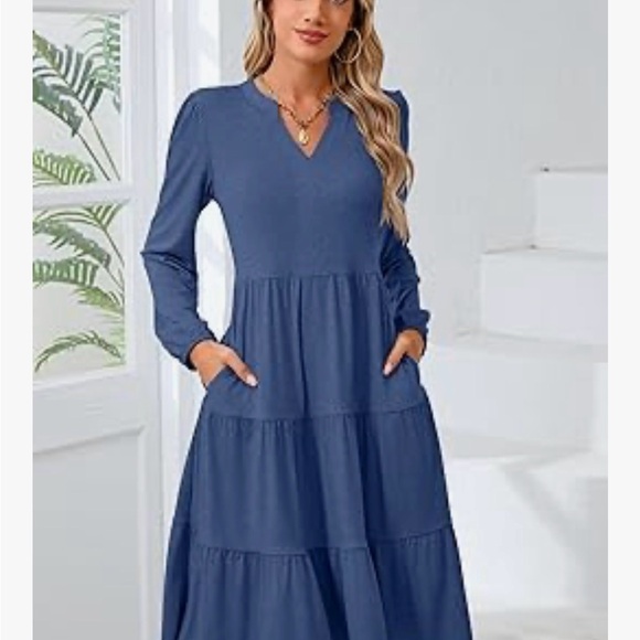 Elegant Blue Long Sleeve Dress - Picture 2 of 7
